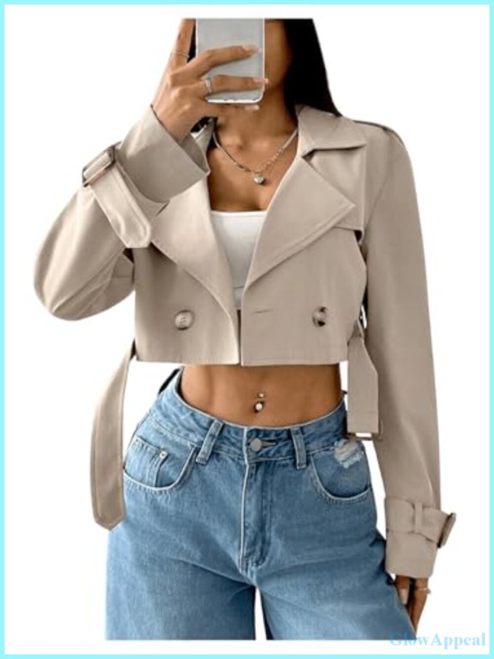 Women's Cropped Trench Coat Long Sleeve Double Breasted Notched Lapel